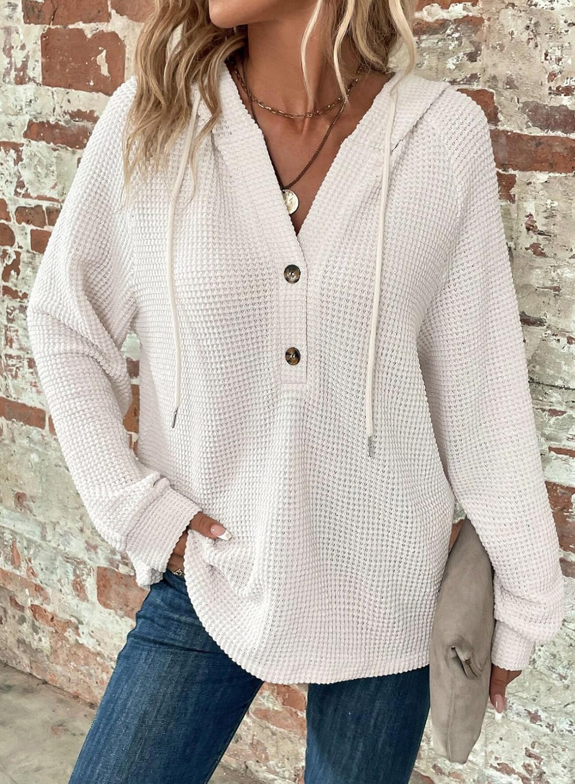 Limited time sale 🔥Women's Waffle Knit Drawstring Button V Neck Hooded Sweatshirt