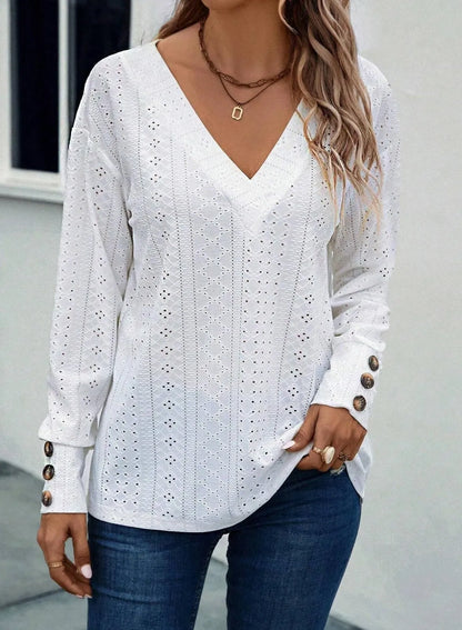 Women Casual V Neck Solid Color Hollow Out Embroidery T-Shirt