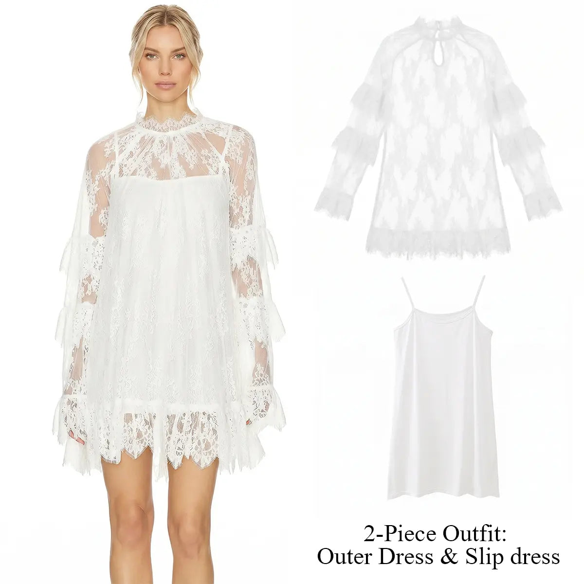 Women's Long Sleeve Crew Neck Sheer Lace See Through Dress