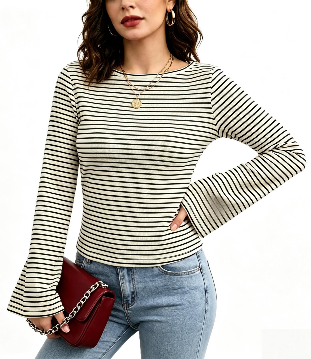 Crew Neck Striped Flare Long Sleeve Ribbed Top