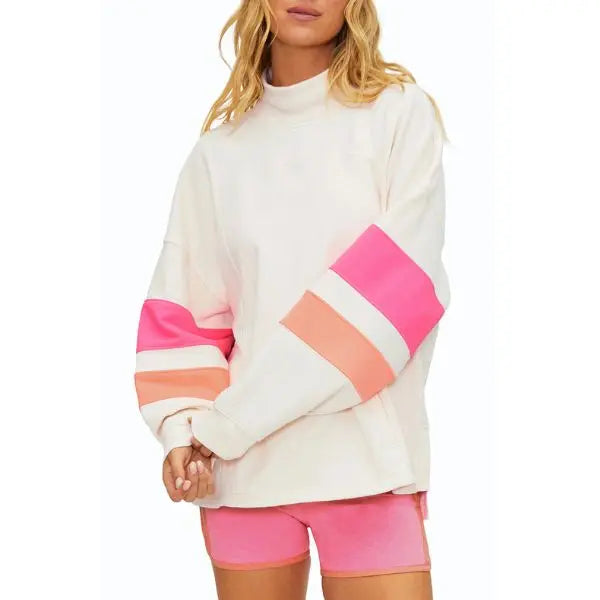 High Mock Neck Color Block Striped Long Sleeve Sweatshirt