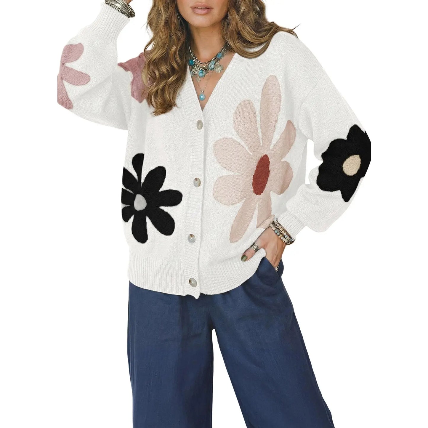 V-Neck Floral Pattern Button Knit Cardigan