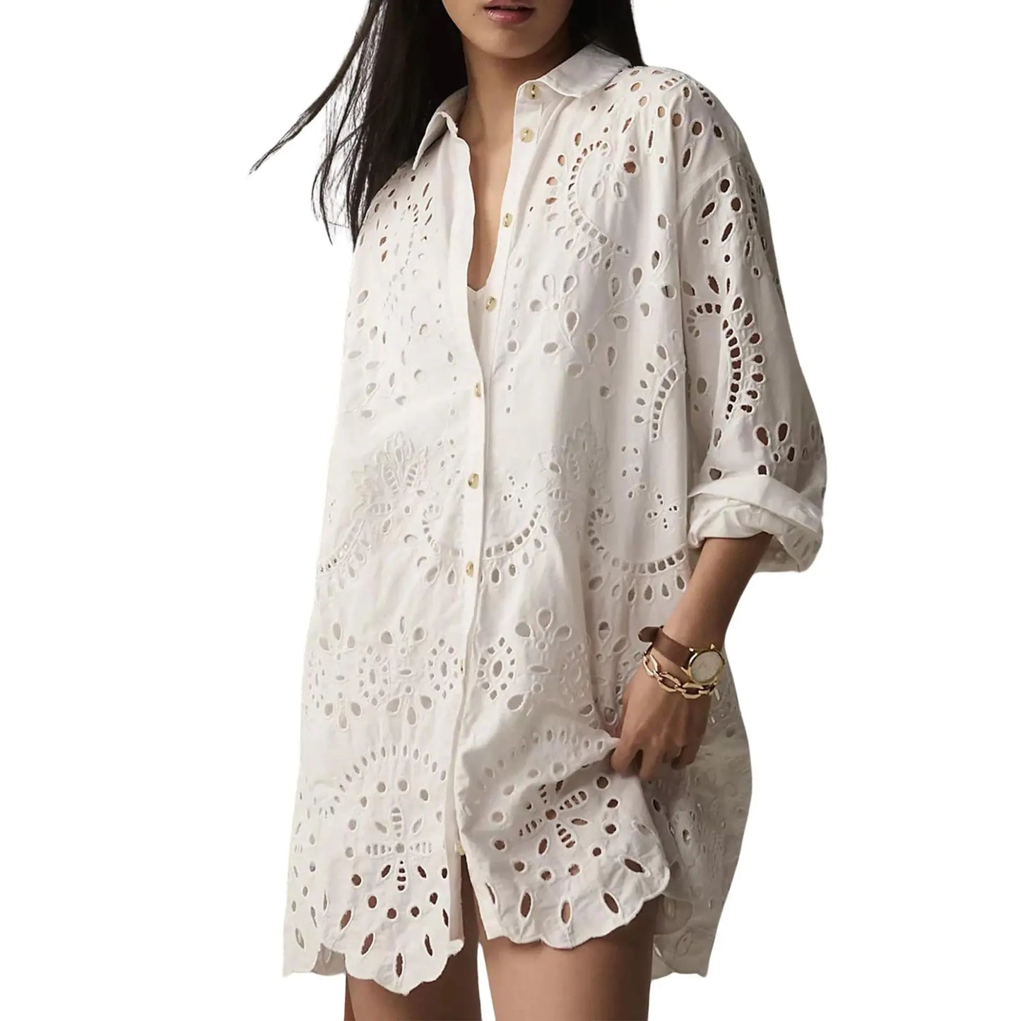 Oversized Eyelet Embroidered Long Sleeve Shirt Dress