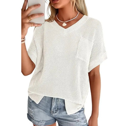 Women Loose V Neck Pocket Short Sleeve Knit Top