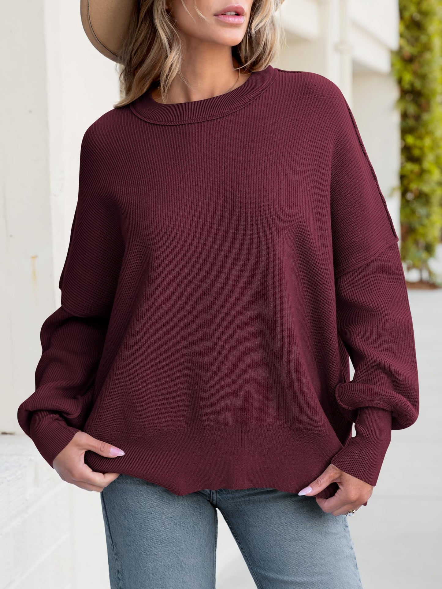 Women Oversized Side Slit Ribbed Knit Pullover Sweaters Top