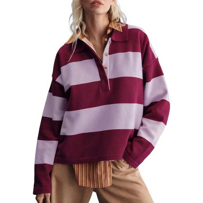 Women Long Sleeve Knit Striped Collared Sweaters Pullover