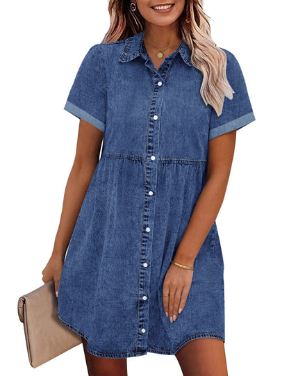 ⏰Hot Sale-Women's Short Sleeve Button Denim Shirt Dress