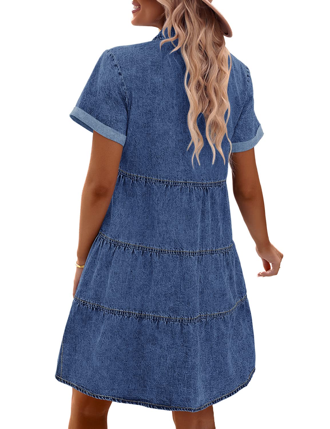 ⏰Hot Sale-Women's Short Sleeve Button Denim Shirt Dress
