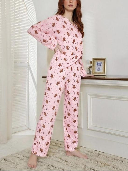 ✨Women‘s Casual Gingerbread Print Christmas 2 Piece Pajamas Set