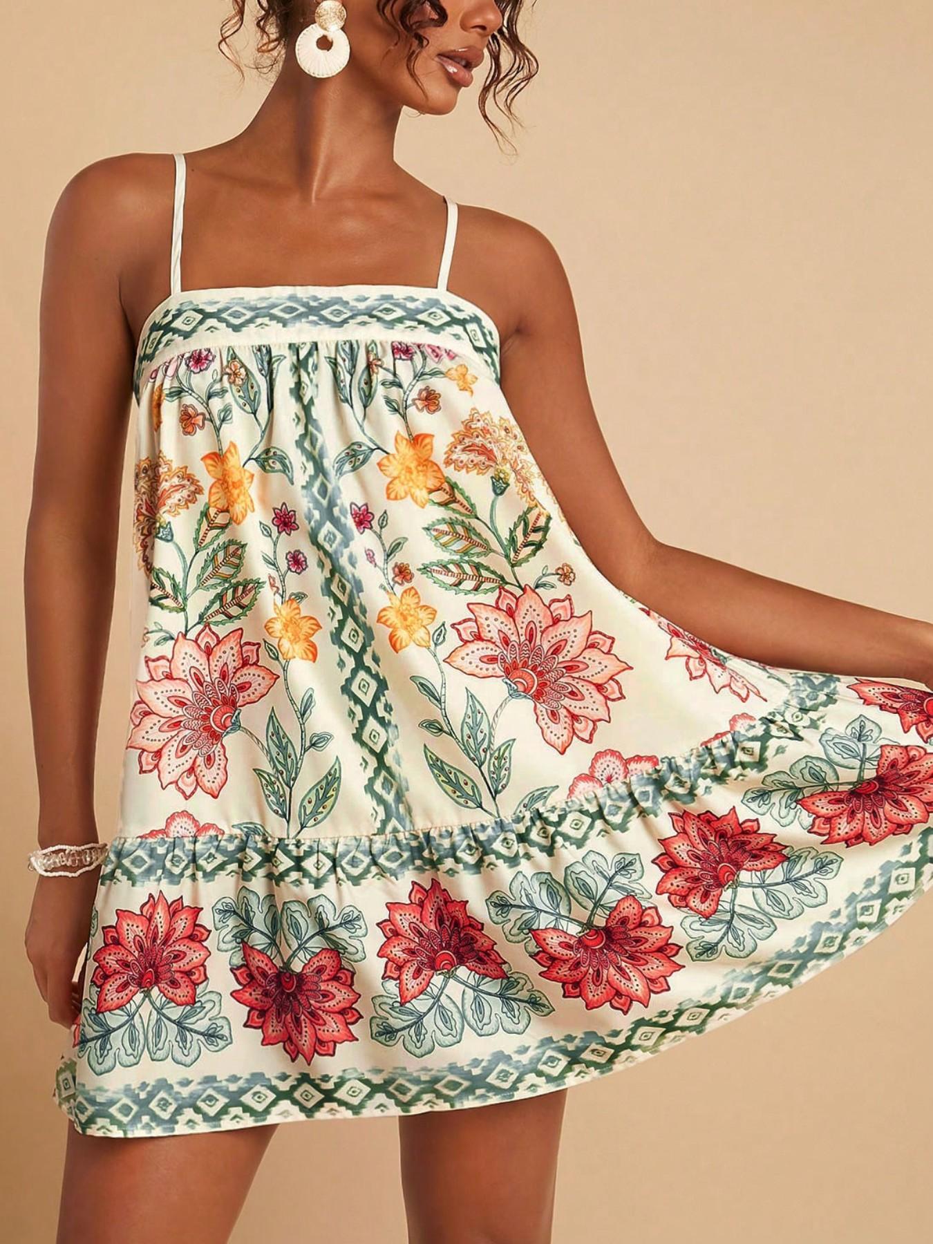 Women's Chic Floral Print Spaghetti Straps Bohemian Style Sundress