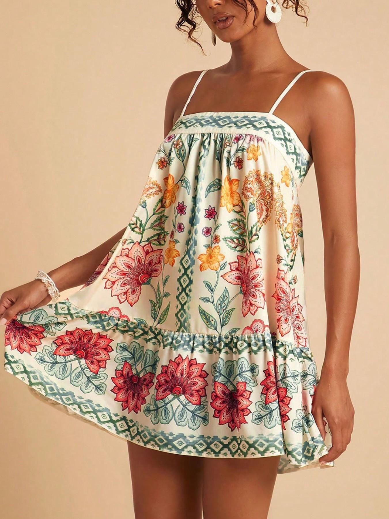 Women's Chic Floral Print Spaghetti Straps Bohemian Style Sundress
