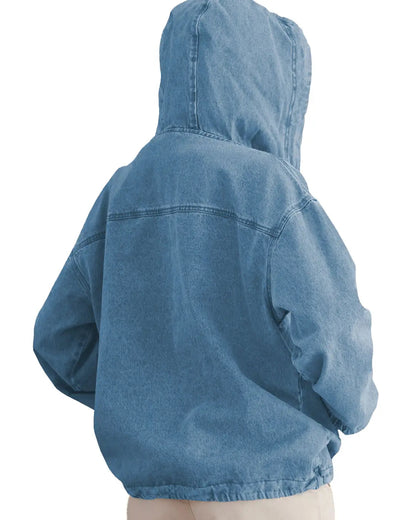 Women’s Lightweight Button Up Jean Pullover with Drawstring Hood