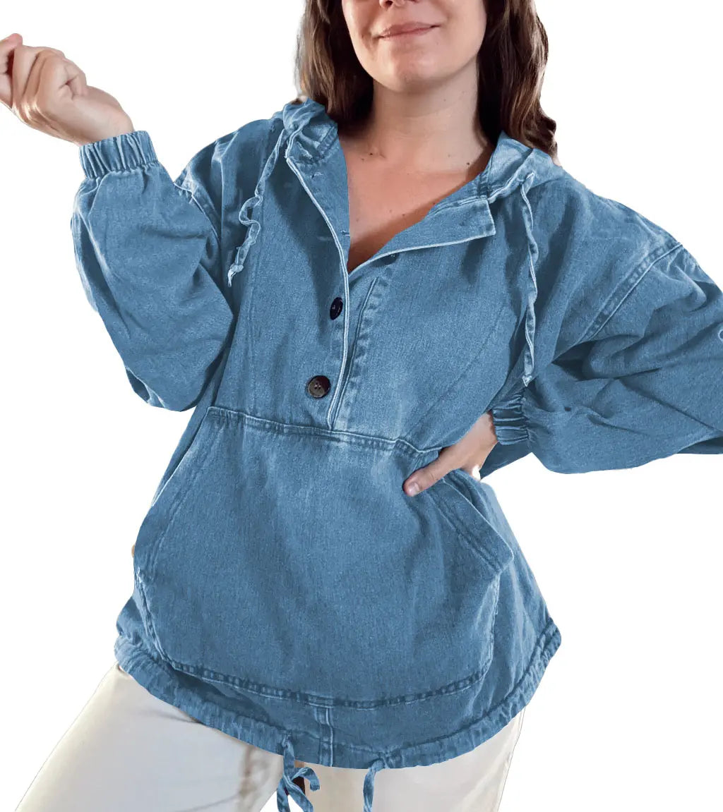 Women’s Lightweight Button Up Jean Pullover with Drawstring Hood