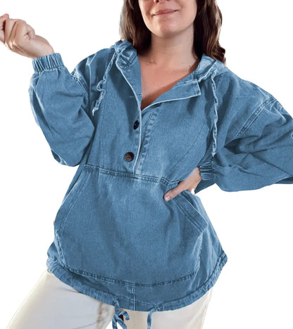 Women’s Lightweight Button Up Jean Pullover with Drawstring Hood
