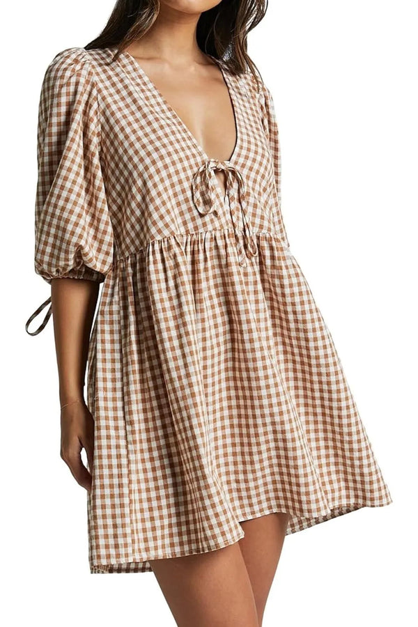 ⏰Hot Sale-Women's Gingham Puff Sleeve Tie Front Babydoll Mini Dress