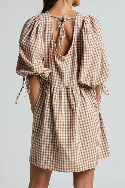 ⏰Hot Sale-Women's Gingham Puff Sleeve Tie Front Babydoll Mini Dress