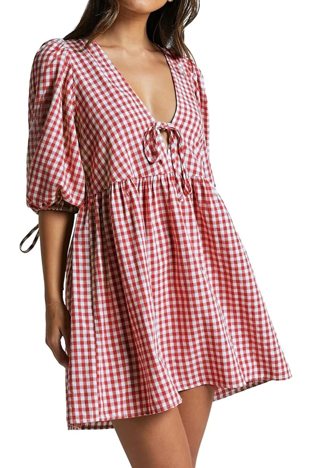⏰Hot Sale-Women's Gingham Puff Sleeve Tie Front Babydoll Mini Dress