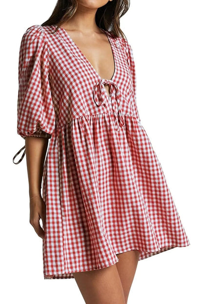 ⏰Hot Sale-Women's Gingham Puff Sleeve Tie Front Babydoll Mini Dress