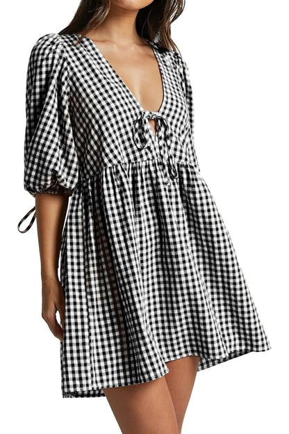 ⏰Hot Sale-Women's Gingham Puff Sleeve Tie Front Babydoll Mini Dress