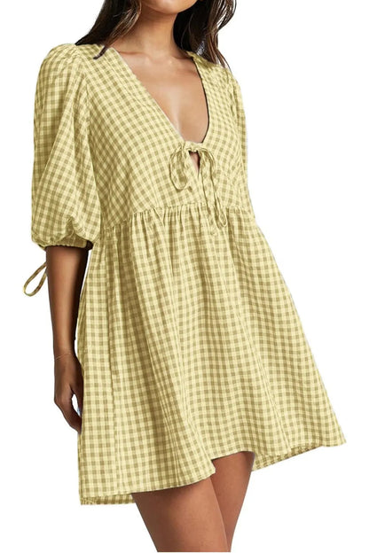 ⏰Hot Sale-Women's Gingham Puff Sleeve Tie Front Babydoll Mini Dress