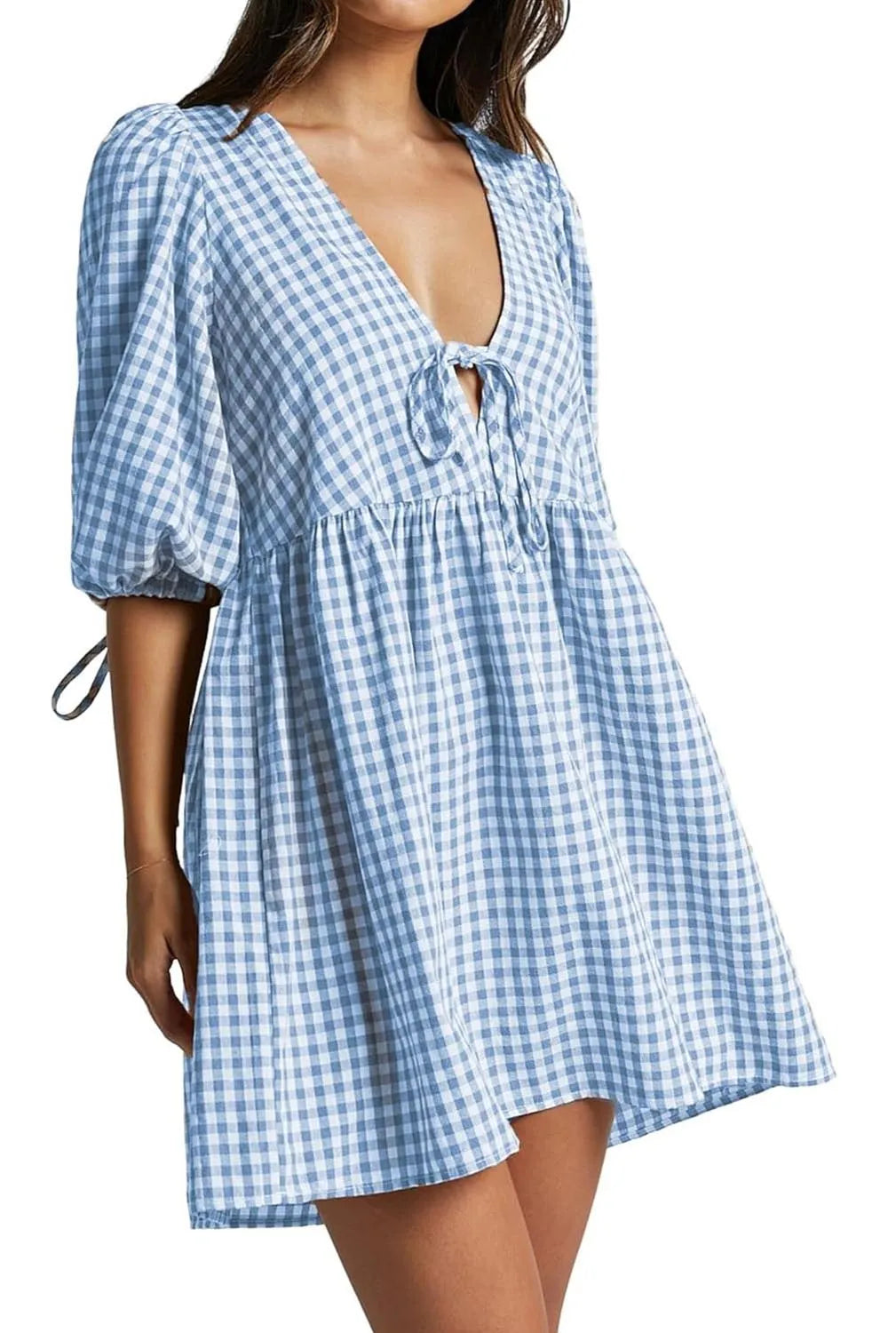 ⏰Hot Sale-Women's Gingham Puff Sleeve Tie Front Babydoll Mini Dress