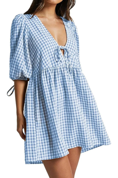 ⏰Hot Sale-Women's Gingham Puff Sleeve Tie Front Babydoll Mini Dress