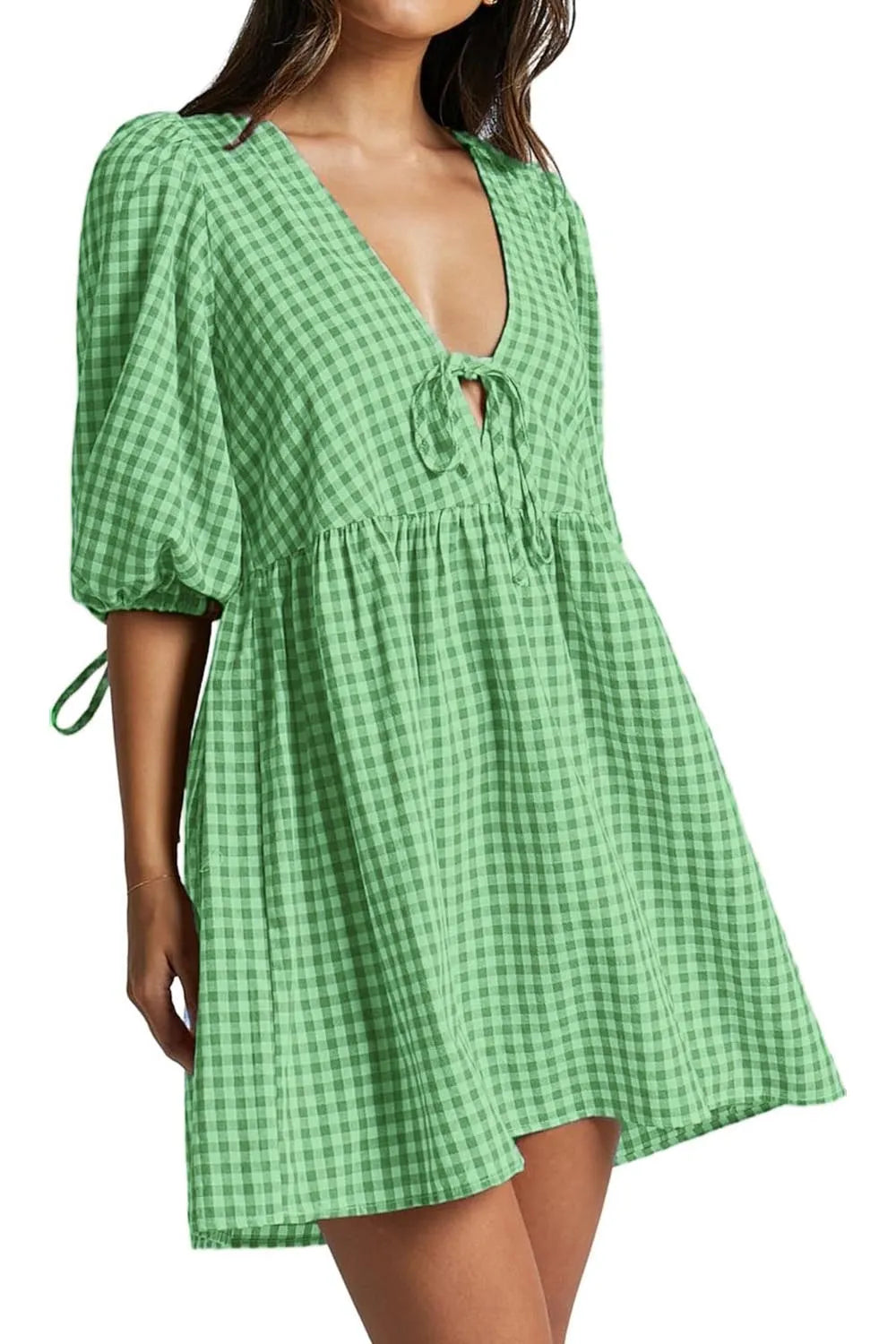 ⏰Hot Sale-Women's Gingham Puff Sleeve Tie Front Babydoll Mini Dress