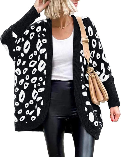 Women's Leopard Print Long Sleeve Cardigan Sweater with Pockets