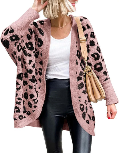 Women's Leopard Print Long Sleeve Cardigan Sweater with Pockets