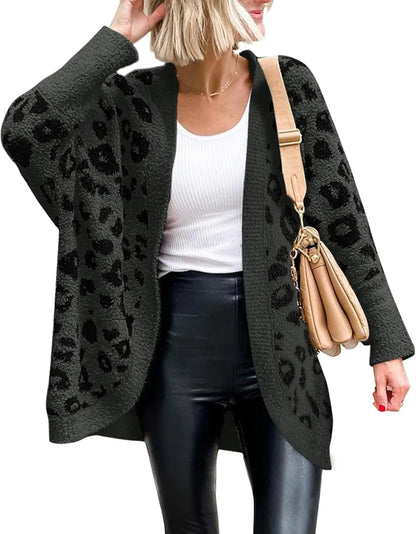 Women's Leopard Print Long Sleeve Cardigan Sweater with Pockets