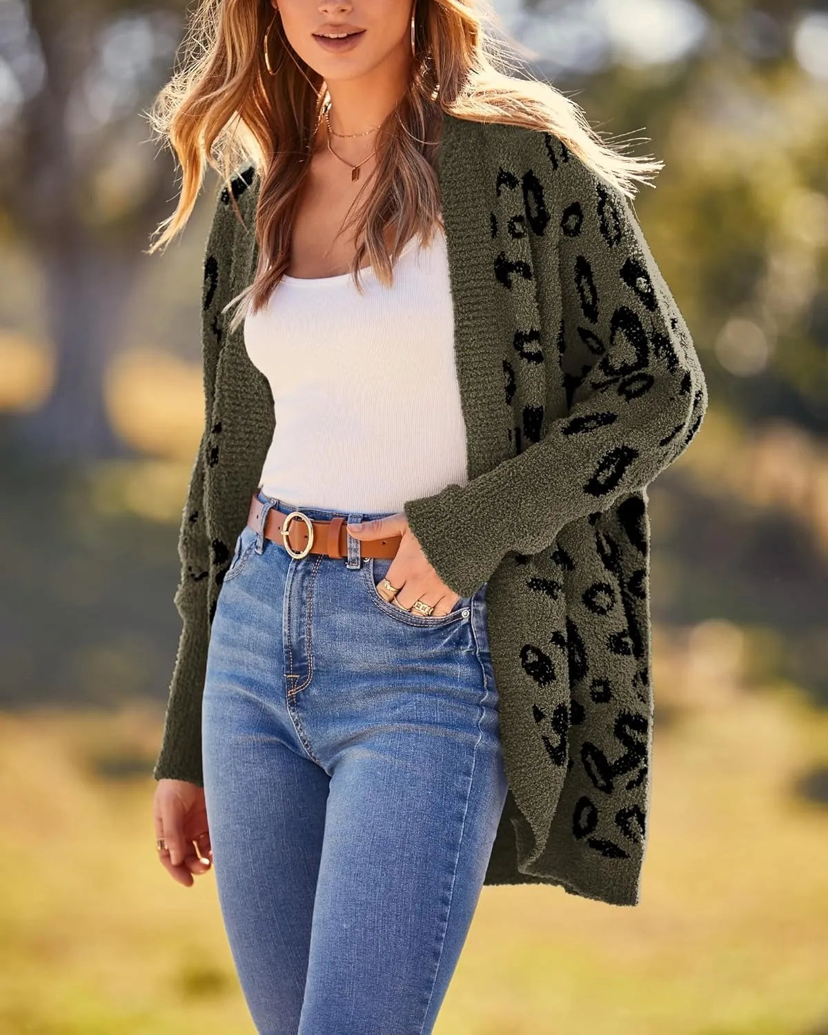 Women's Leopard Print Long Sleeve Cardigan Sweater with Pockets