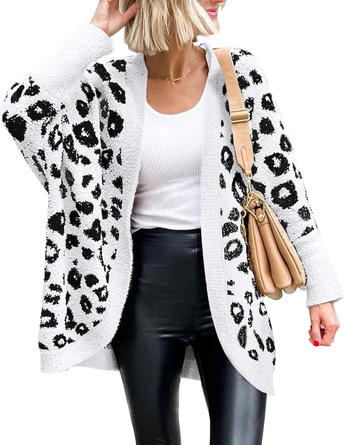 Women's Leopard Print Long Sleeve Cardigan Sweater with Pockets