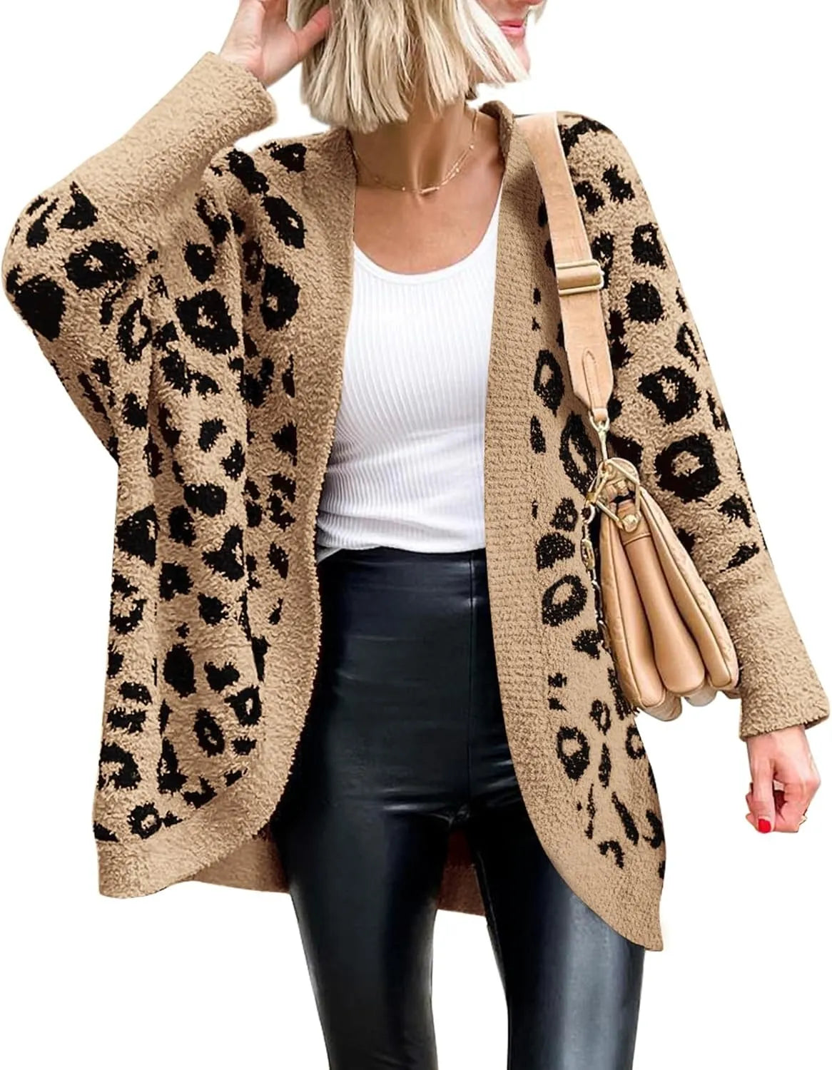 Women's Leopard Print Long Sleeve Cardigan Sweater with Pockets
