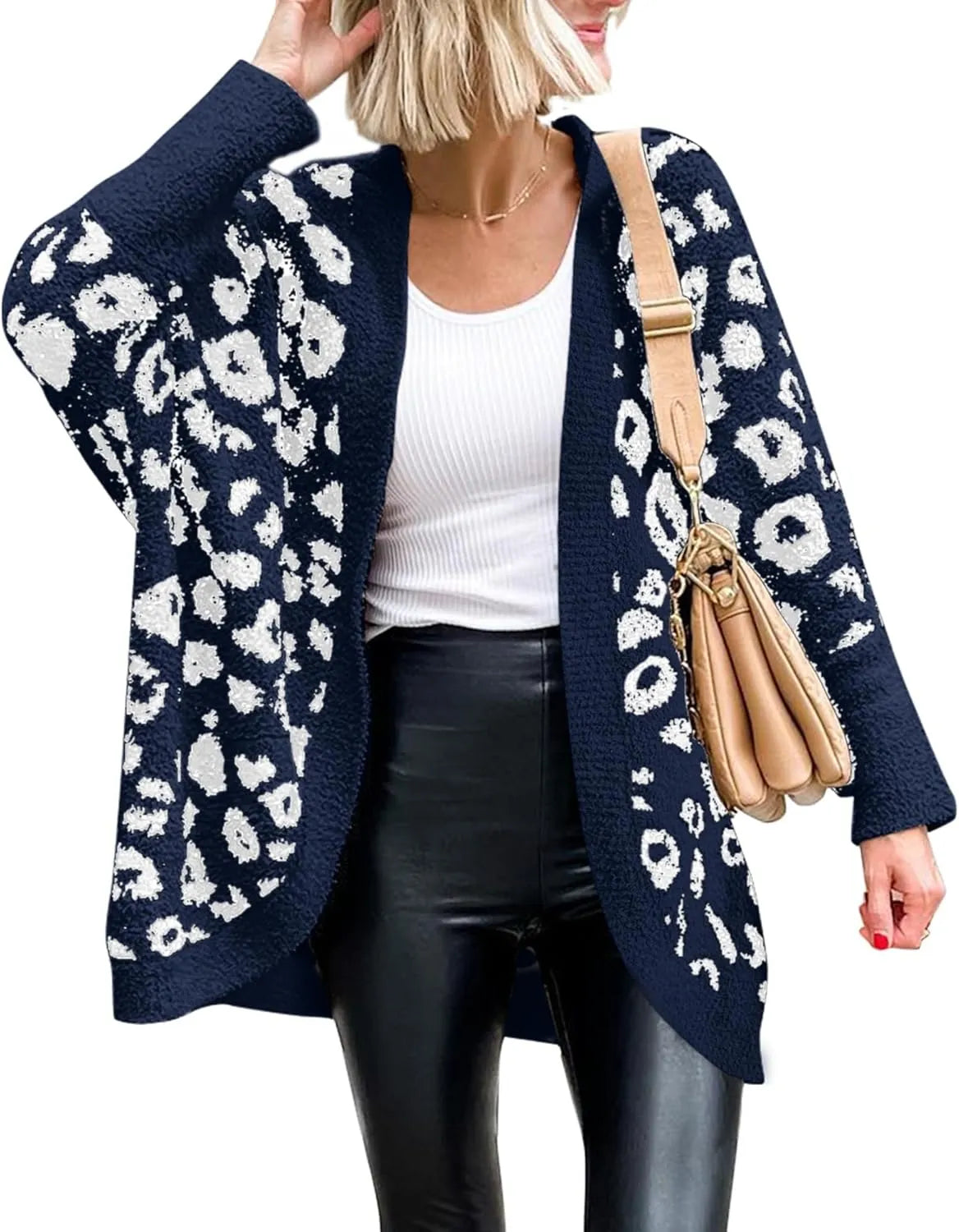 Women's Leopard Print Long Sleeve Cardigan Sweater with Pockets
