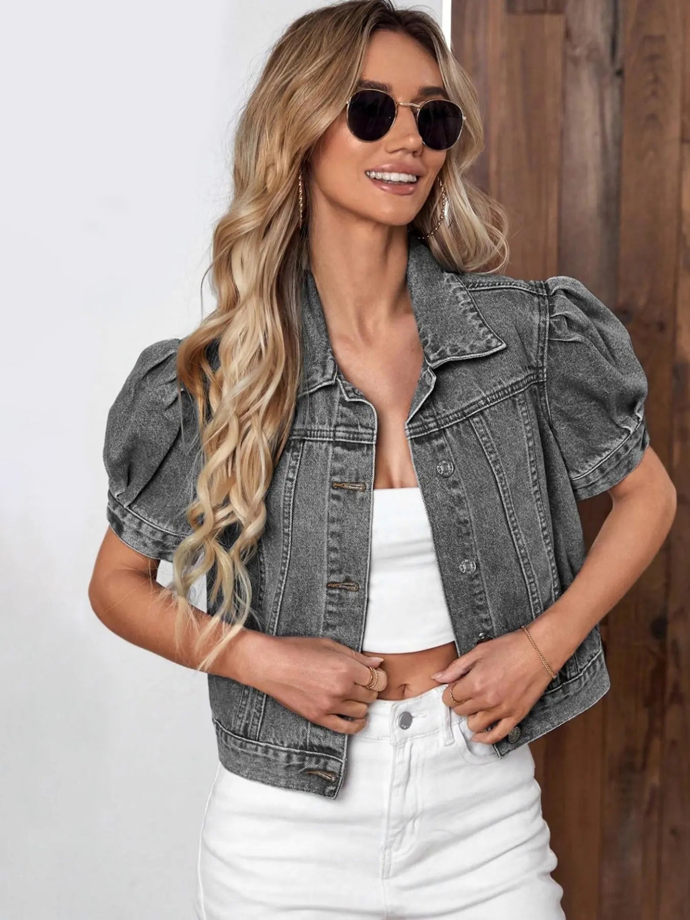 2026 Women's Vintage Bubble Sleeve Fitted Slim Denim Crop Jacket