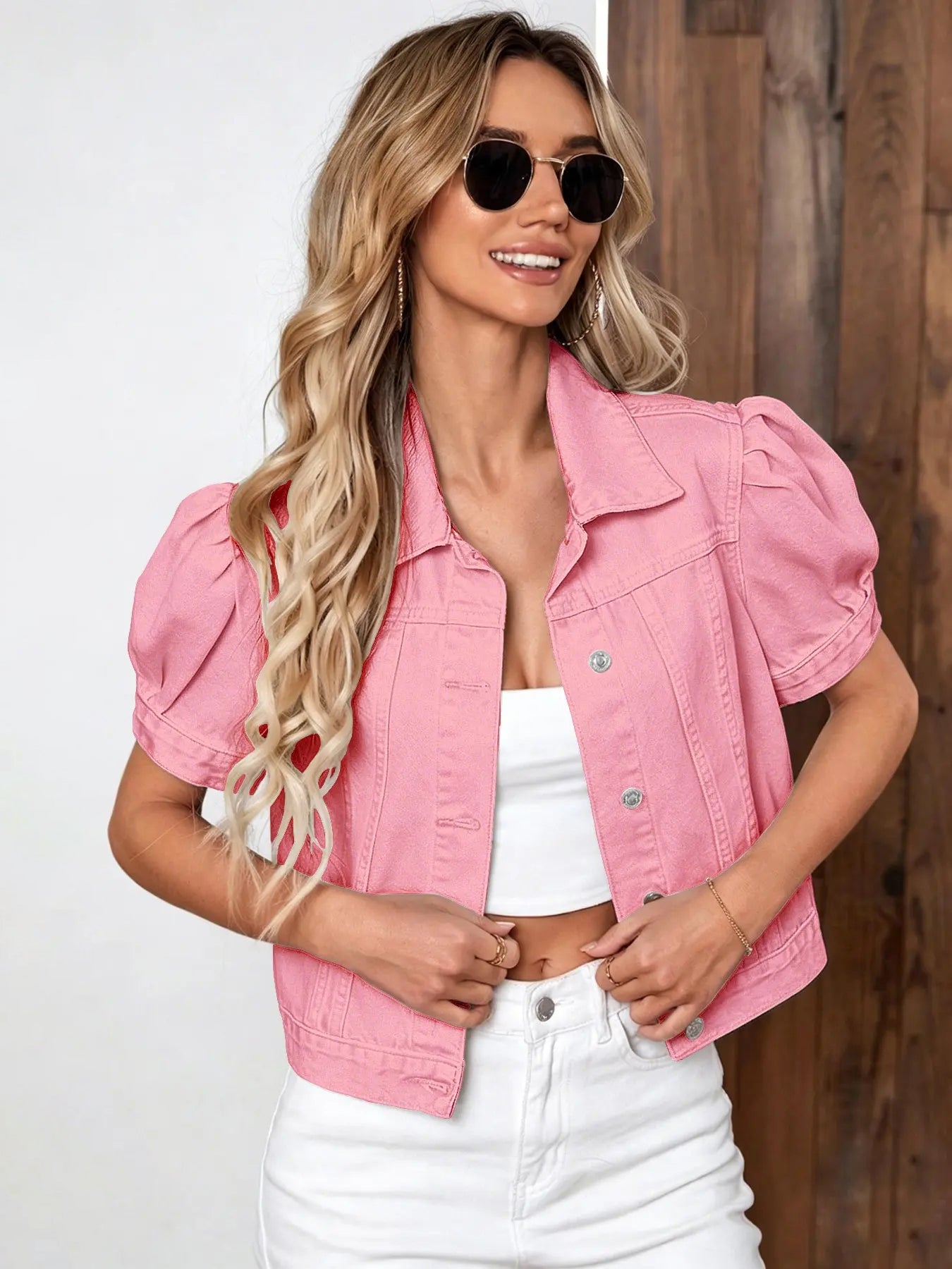 2026 Women's Vintage Bubble Sleeve Fitted Slim Denim Crop Jacket