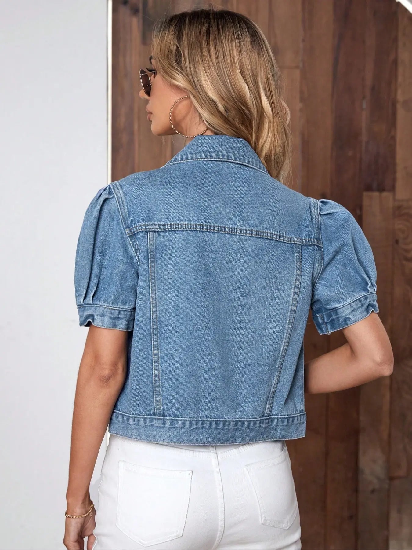 2026 Women's Vintage Bubble Sleeve Fitted Slim Denim Crop Jacket