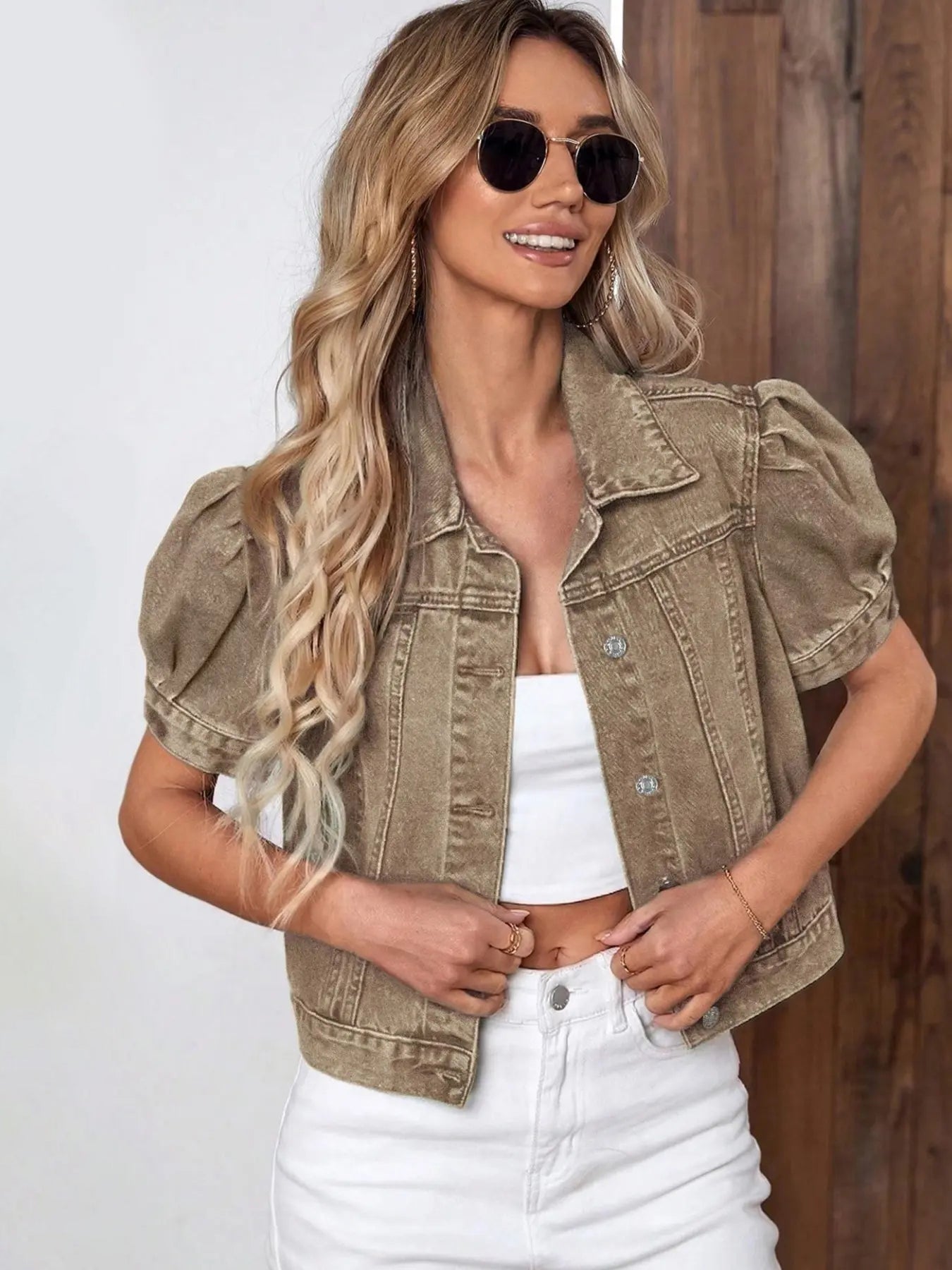 2026 Women's Vintage Bubble Sleeve Fitted Slim Denim Crop Jacket