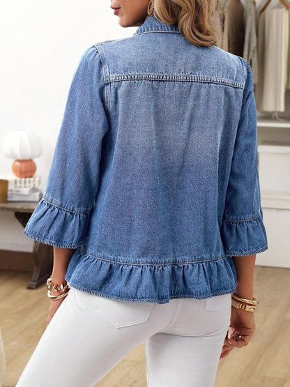 Women's Lightweight Vintage 3/4 Sleeve Ruffle Washed Denim Jacket