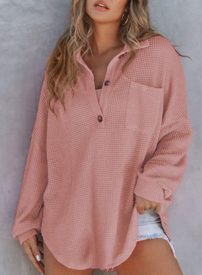Limited time sale 🔥Women's Waffle Knit Henley Button Shirt Jacket