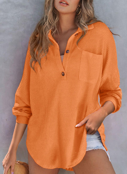 Autumn Women's Waffle Knit Henley V Neck Shirt Jacket