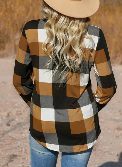 ✨Women's V Neck Plaid Print Cuffed Long Sleeve Shirt