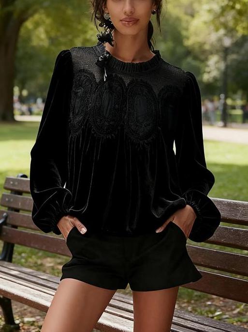 ⏰Hot Sale-Women's Long Sleeve Velvet Trim Lace Blouse Elegant Flared Swing Top