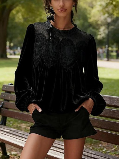 ⏰Hot Sale-Women's Long Sleeve Velvet Trim Lace Blouse Elegant Flared Swing Top