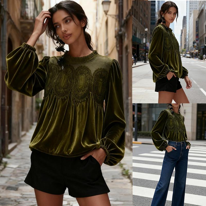 ⏰Hot Sale-Women's Long Sleeve Velvet Trim Lace Blouse Elegant Flared Swing Top