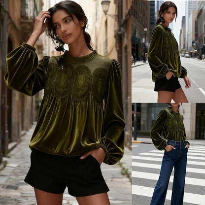 ⏰Hot Sale-Women's Long Sleeve Velvet Trim Lace Blouse Elegant Flared Swing Top