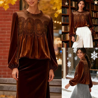 ⏰Hot Sale-Women's Long Sleeve Velvet Trim Lace Blouse Elegant Flared Swing Top