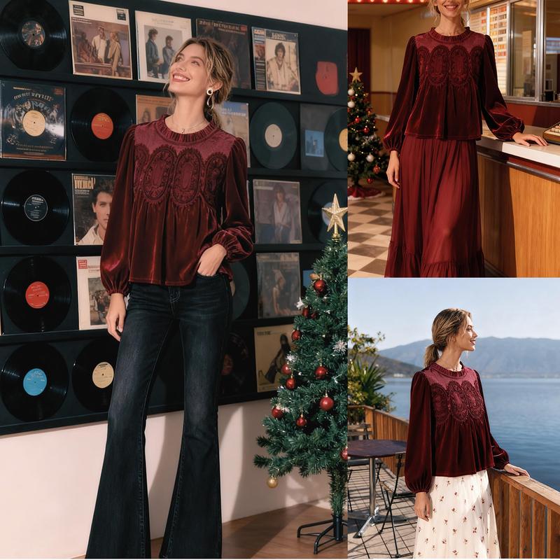 ⏰Hot Sale-Women's Long Sleeve Velvet Trim Lace Blouse Elegant Flared Swing Top