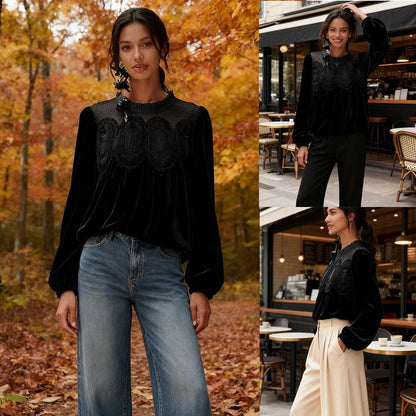 ⏰Hot Sale-Women's Long Sleeve Velvet Trim Lace Blouse Elegant Flared Swing Top