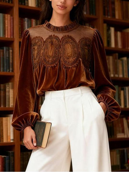 ⏰Hot Sale-Women's Long Sleeve Velvet Trim Lace Blouse Elegant Flared Swing Top